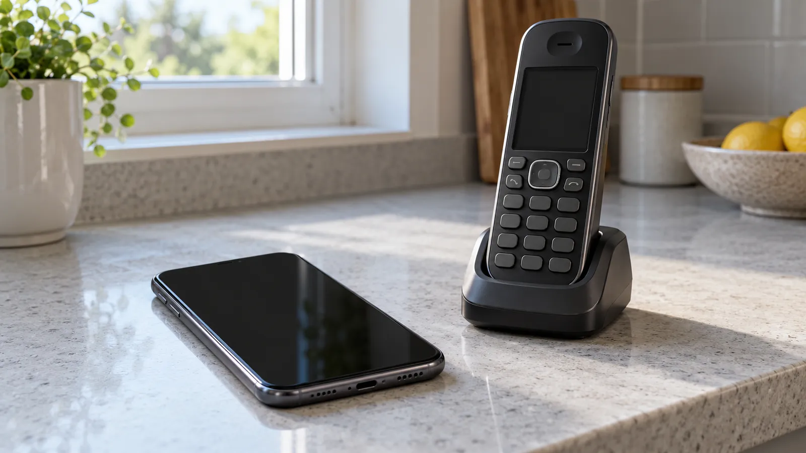 A dark-screen smartphone beside a cordless home telephone on a kitchen counter