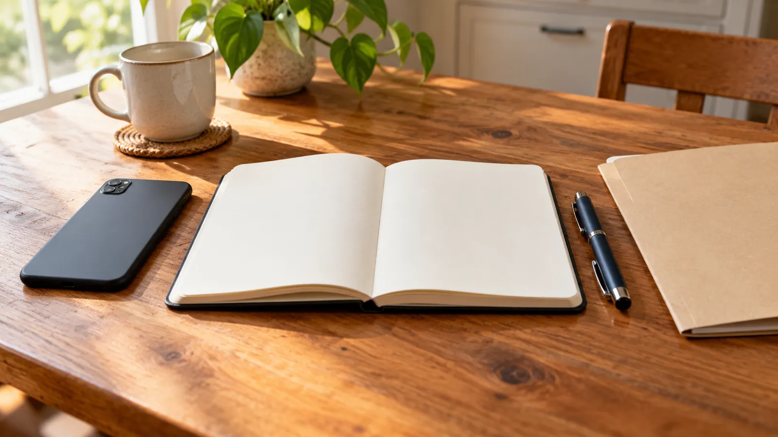 A phone beside a blank notebook, pen and paper folder on a wooden table