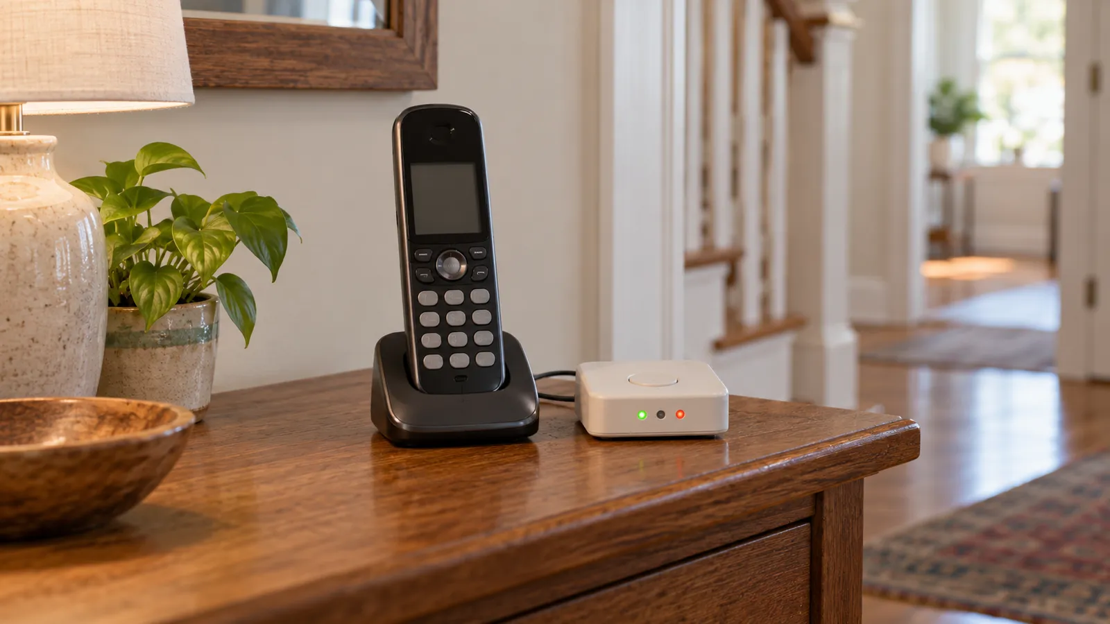 A cordless home telephone beside a small call-blocking device on a wooden table
