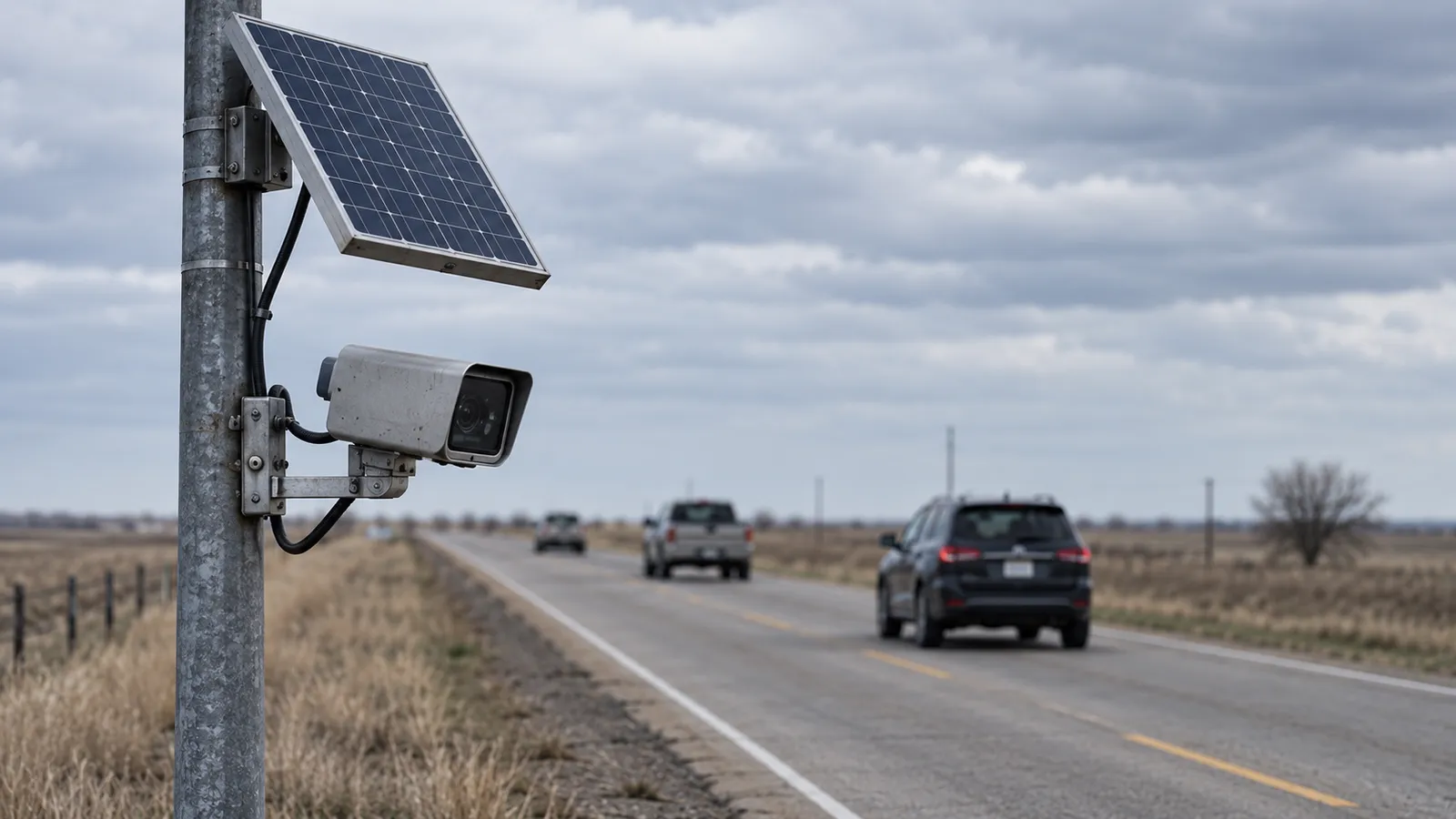 A small pole-mounted roadside camera and solar panel overlooking cars on a rural road.