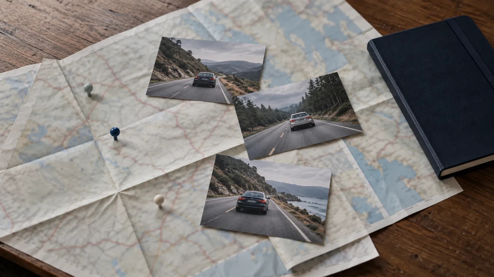 Printed road maps and small photographs of cars arranged on a desk beside a closed notebook.