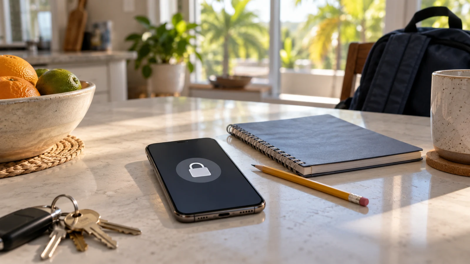 A smartphone with a lock symbol beside a school notebook and house keys on a sunlit kitchen table.