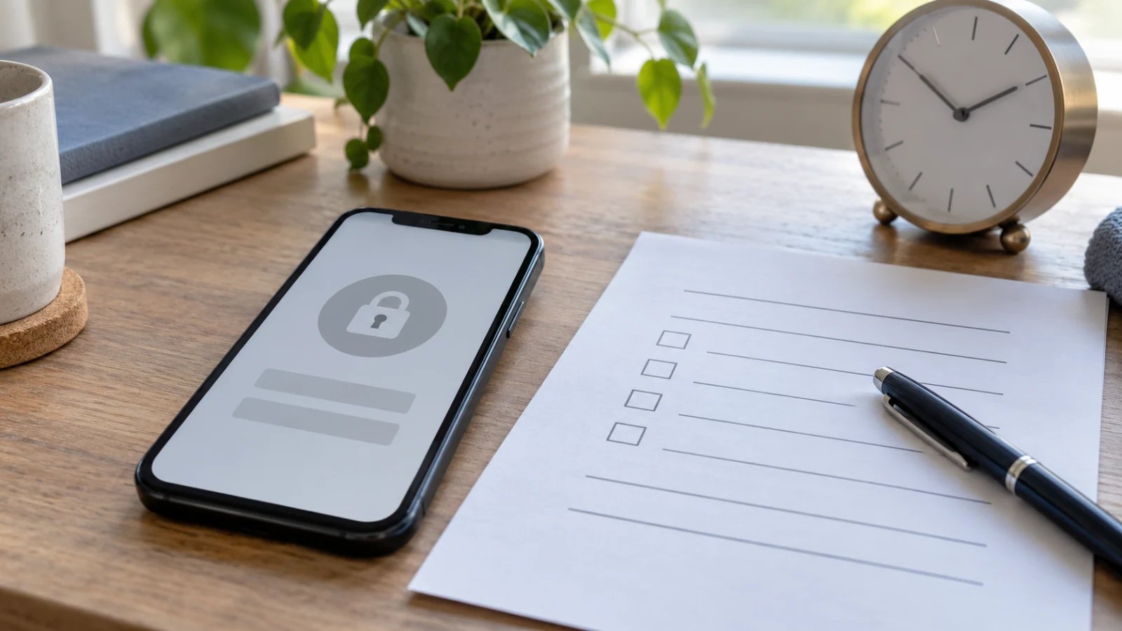 A smartphone with a lock symbol beside a blank consent checklist, pen, and clock on a desk.