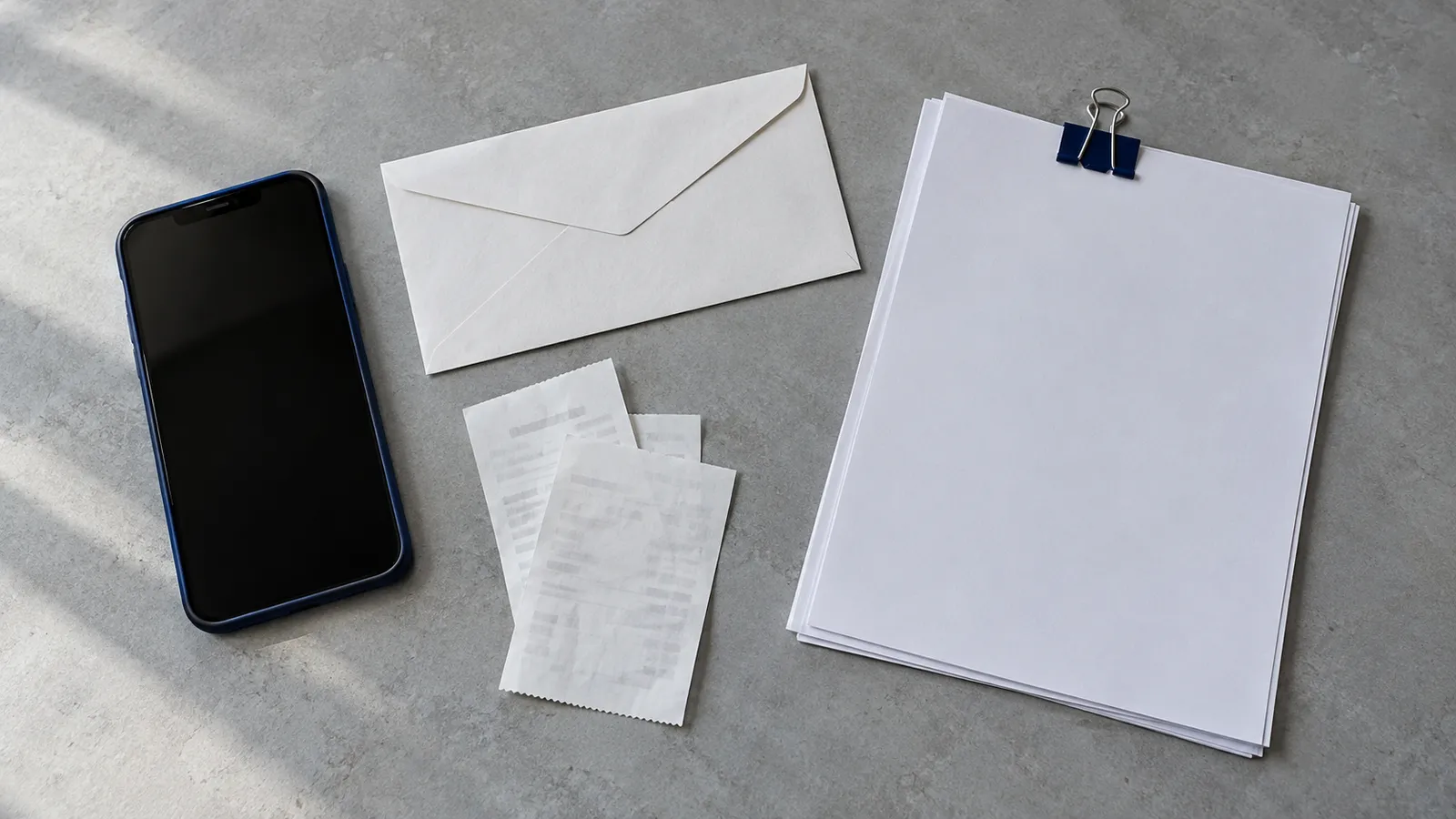 A phone with a dark screen beside an envelope and receipt paperwork on a desk