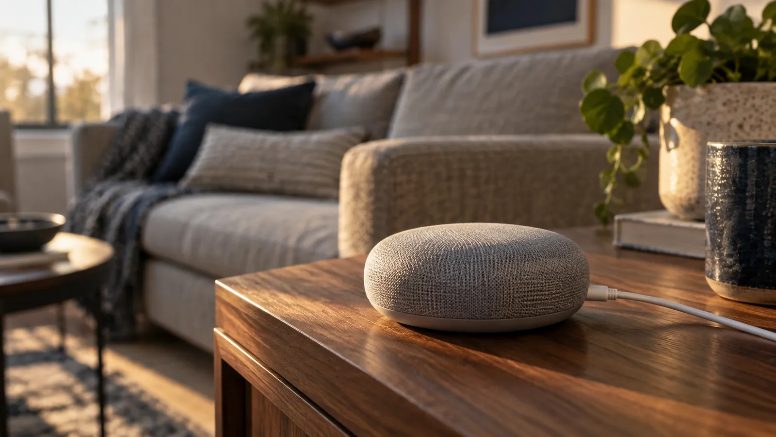 A small fabric-covered smart speaker on a wooden side table in a living room