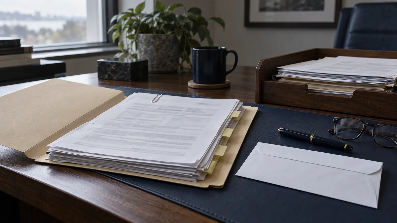 A folder of petition paperwork with flagged pages, an unopened envelope and a tray of papers waiting on a desk