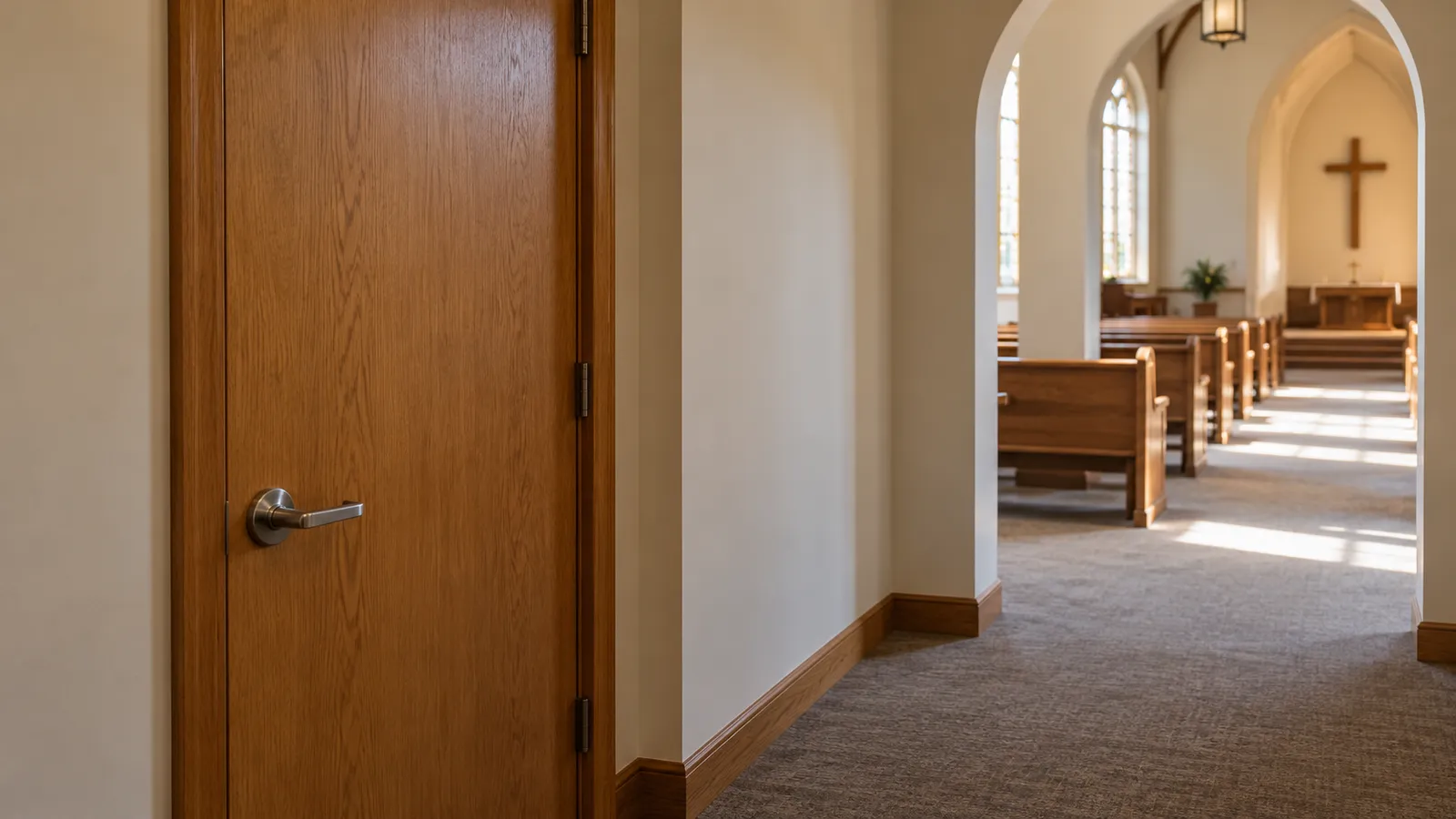 A closed wooden office door beside a hallway opening toward empty church pews