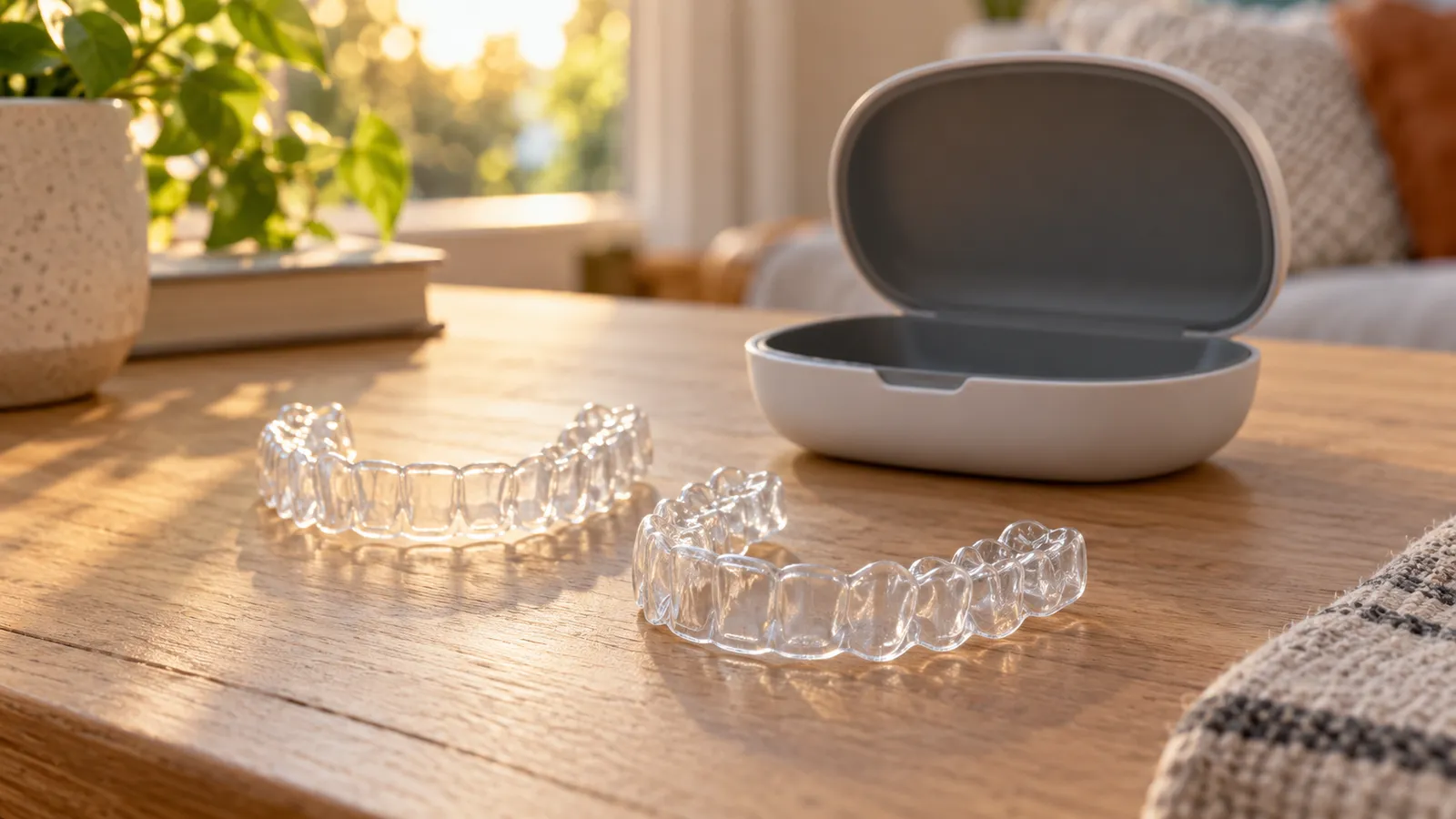 Two clear dental aligner trays beside an open storage case on a wooden table