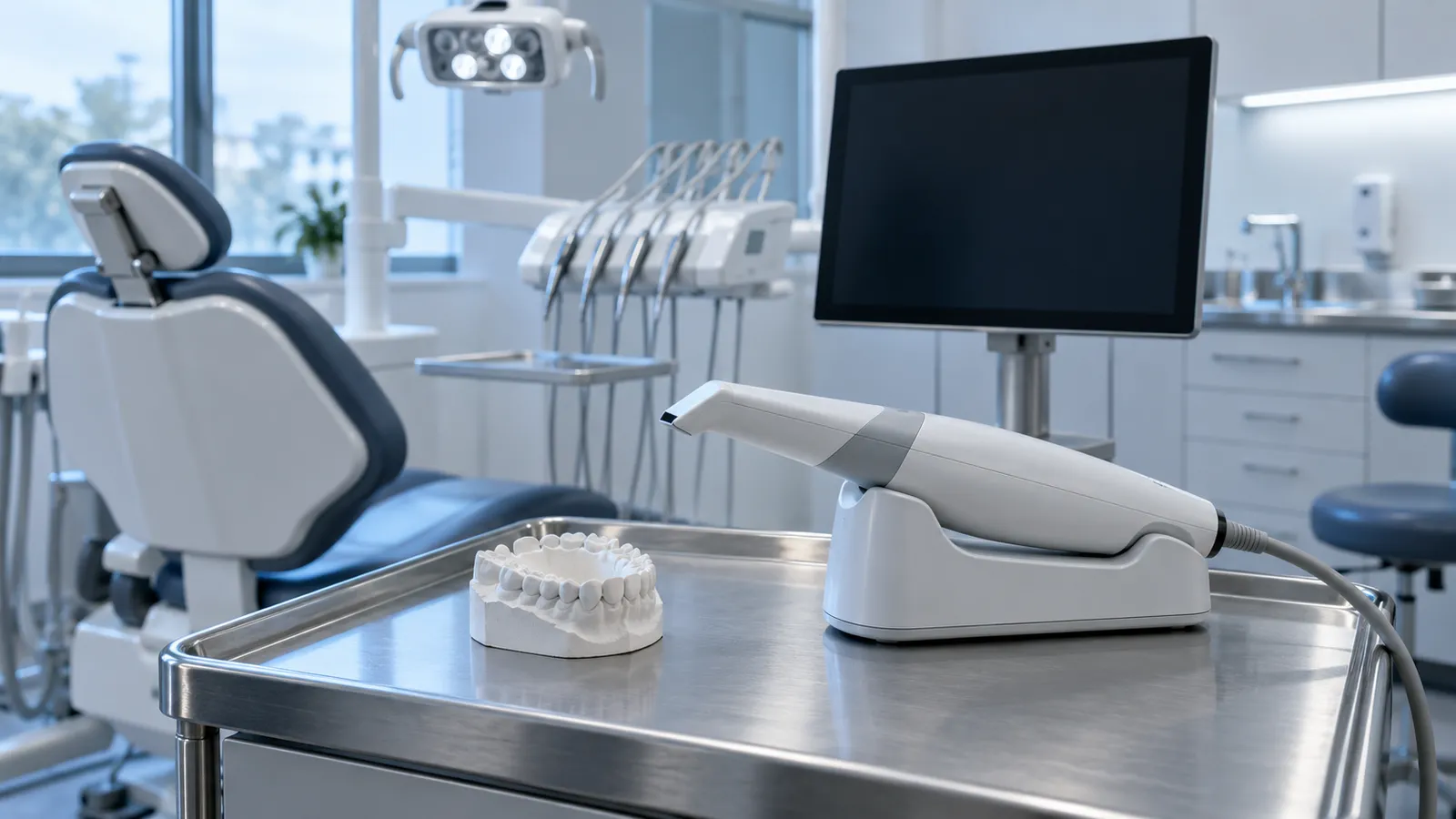 An unbranded dental scanner in its cradle beside a dental model and a blank monitor