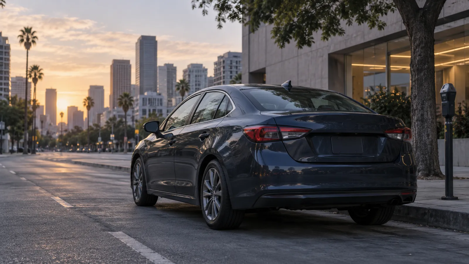 A dark sedan parked at a city curb in early morning light.