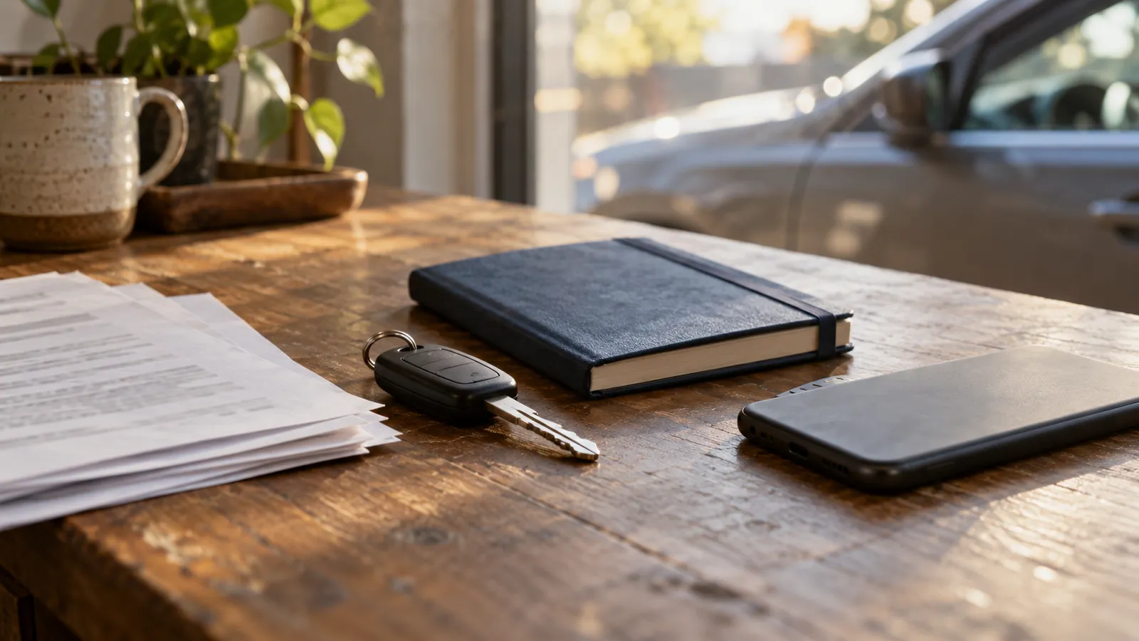 A car key, closed notebook, loose papers and face-down phone on a wooden desk.
