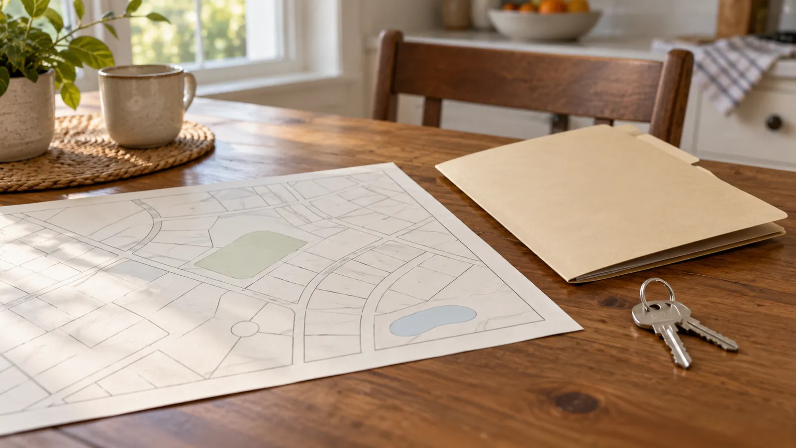 A blank property map, plain folder and house keys on a table