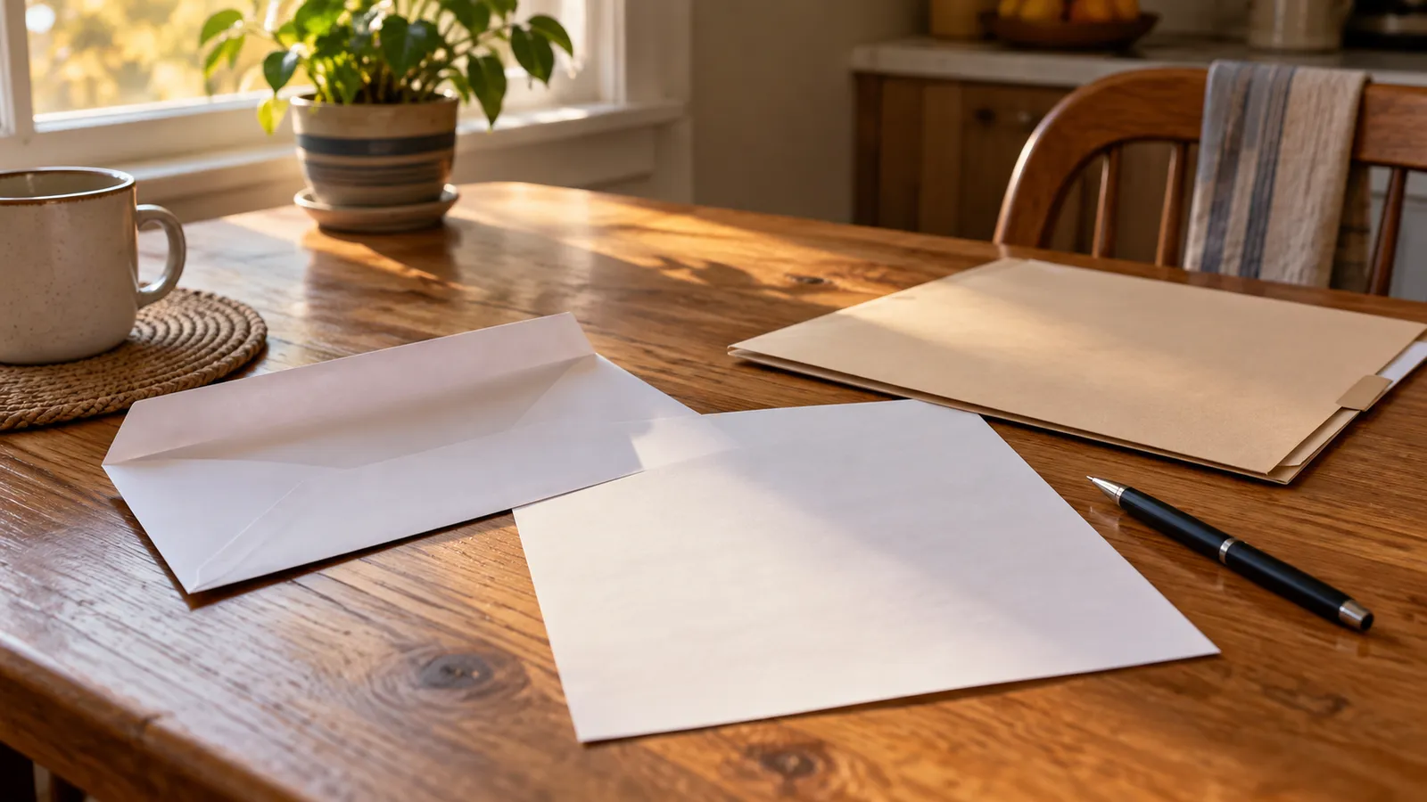 An opened envelope, blank letter, folder and pen on a wooden table