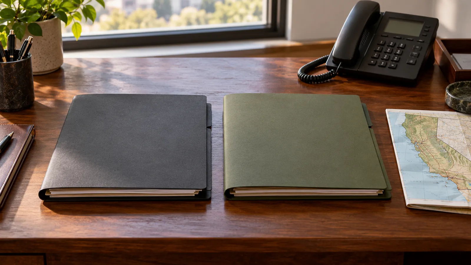 A dark folder and an olive-green folder on a wooden desk beside an unmarked desk phone and a California road map