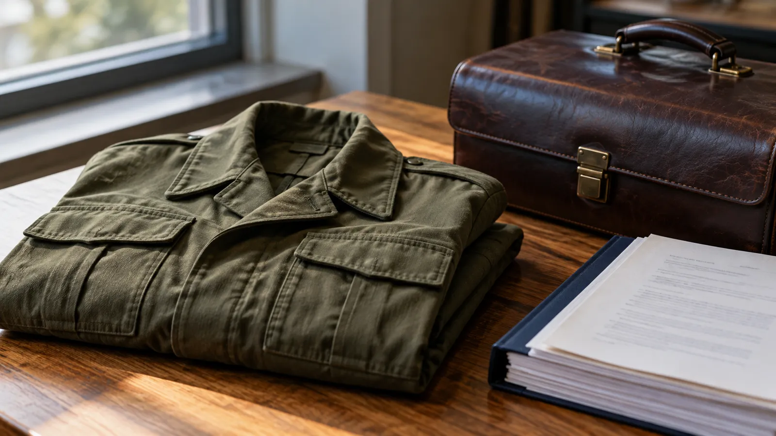 A folded olive-drab uniform jacket on a wooden table beside a closed briefcase and a stack of bound legal papers