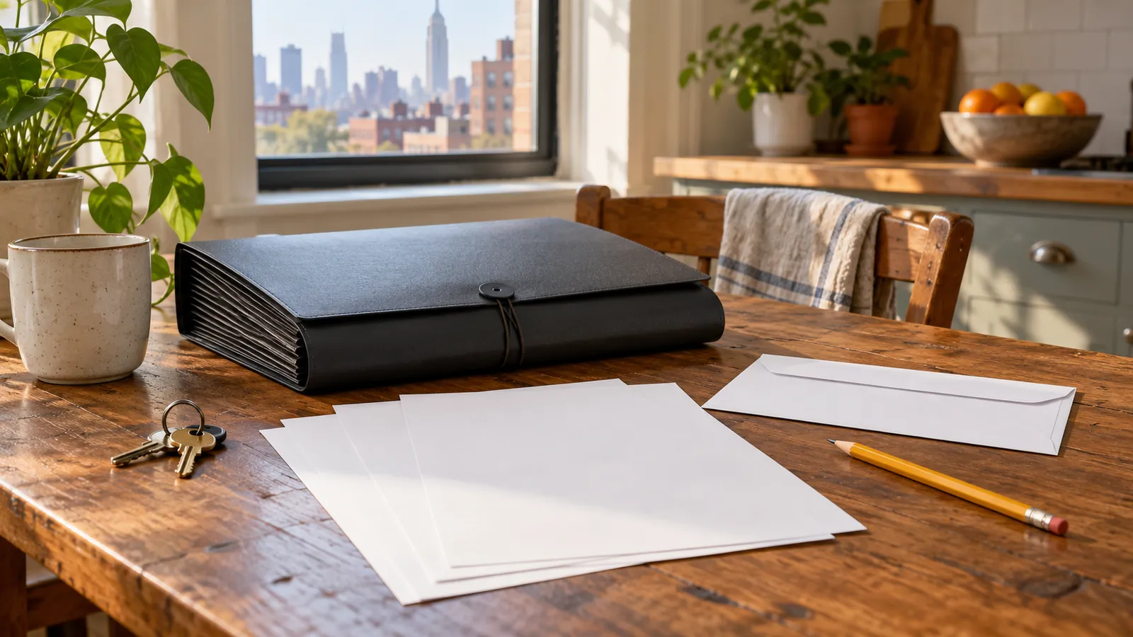 A closed document folder, blank papers, an envelope, keys and a pencil on a kitchen table