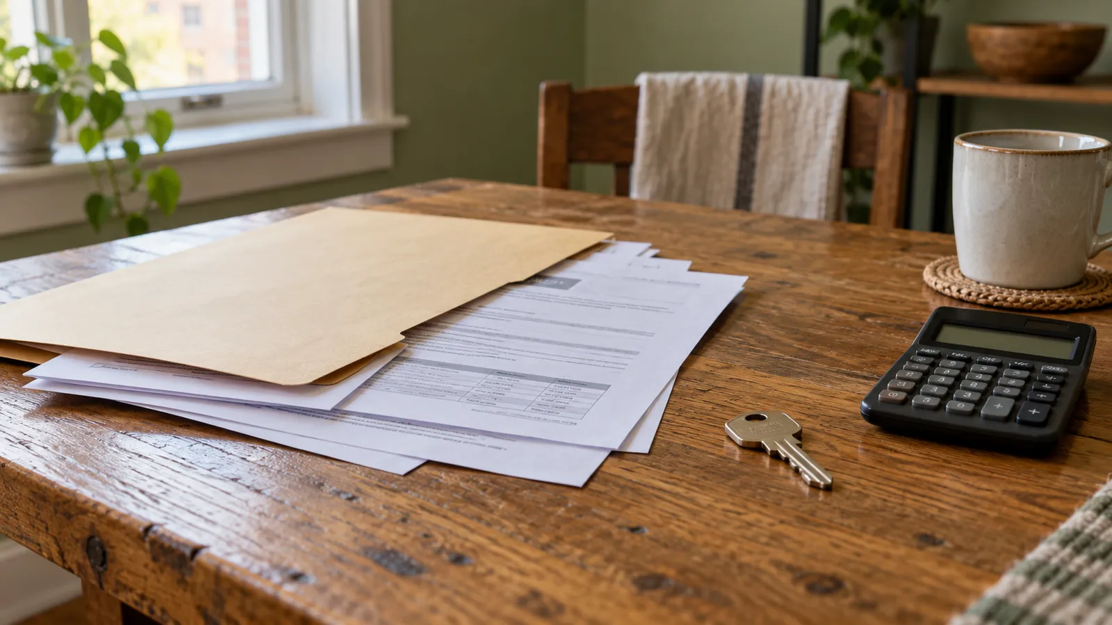 Rental paperwork in a manila folder beside an apartment key and a calculator on a wooden table