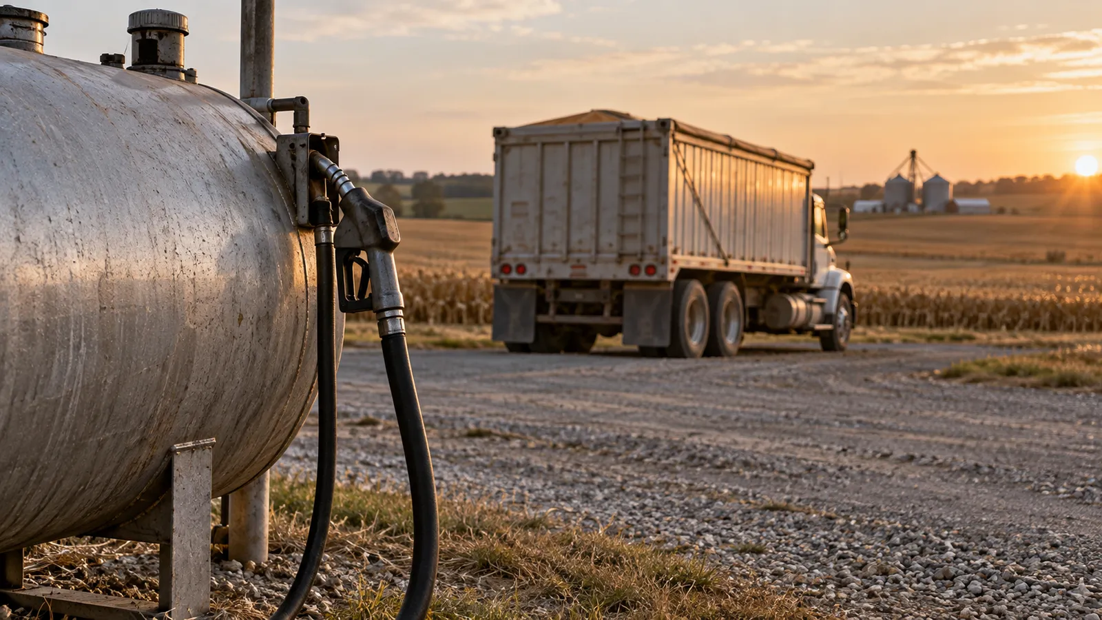 A farm fuel tank and dispensing hose beside a grain truck and harvested fields
