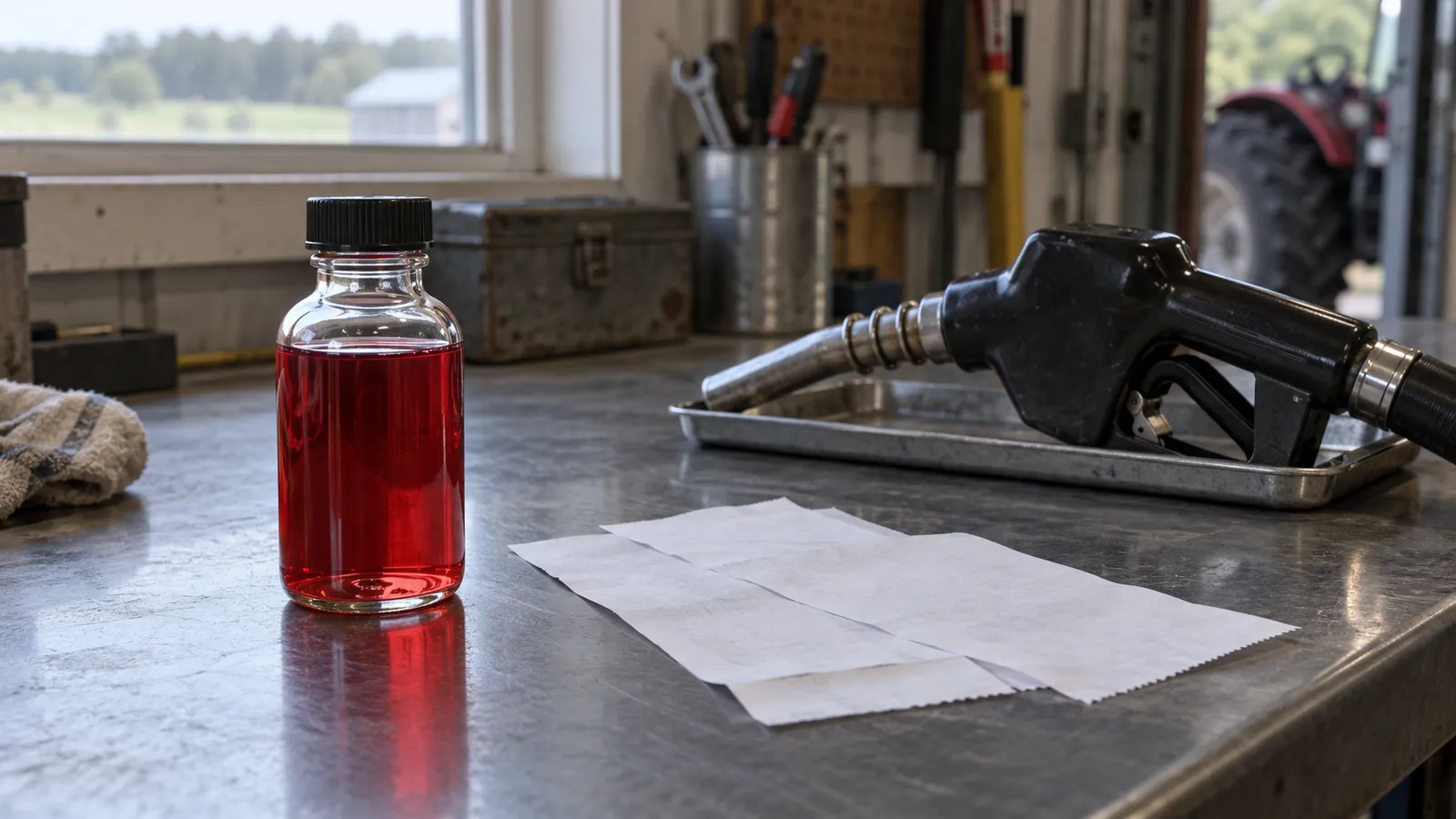 A closed bottle of red fuel, a dispensing nozzle and face-down receipts on a workshop bench
