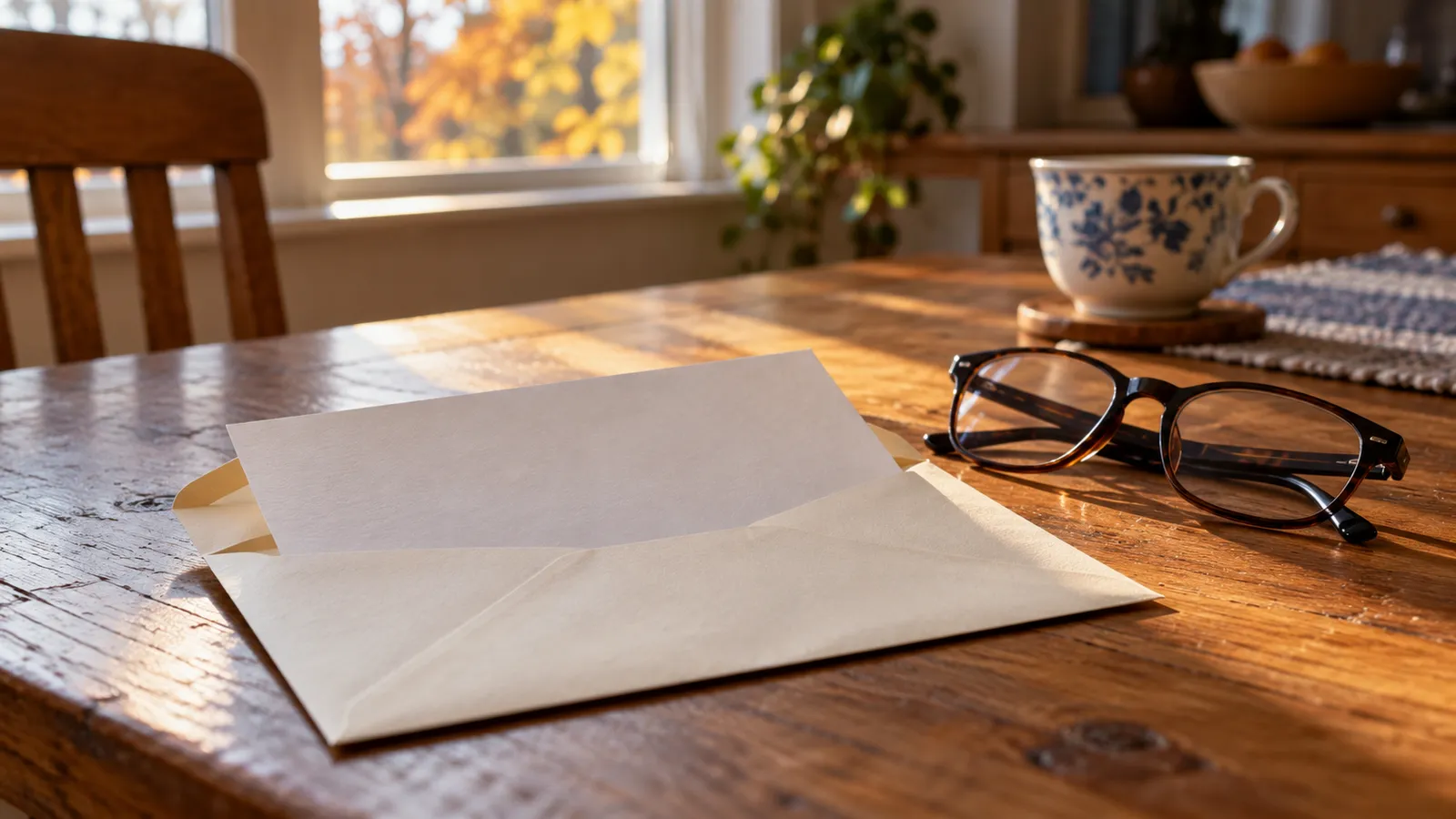 An open plain envelope and blank paper beside reading glasses on a sunlit wooden table