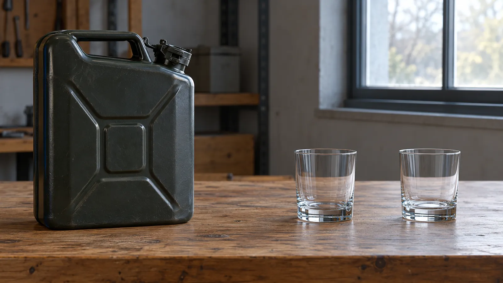 A closed metal fuel can and two empty drinking glasses on a wooden workshop bench