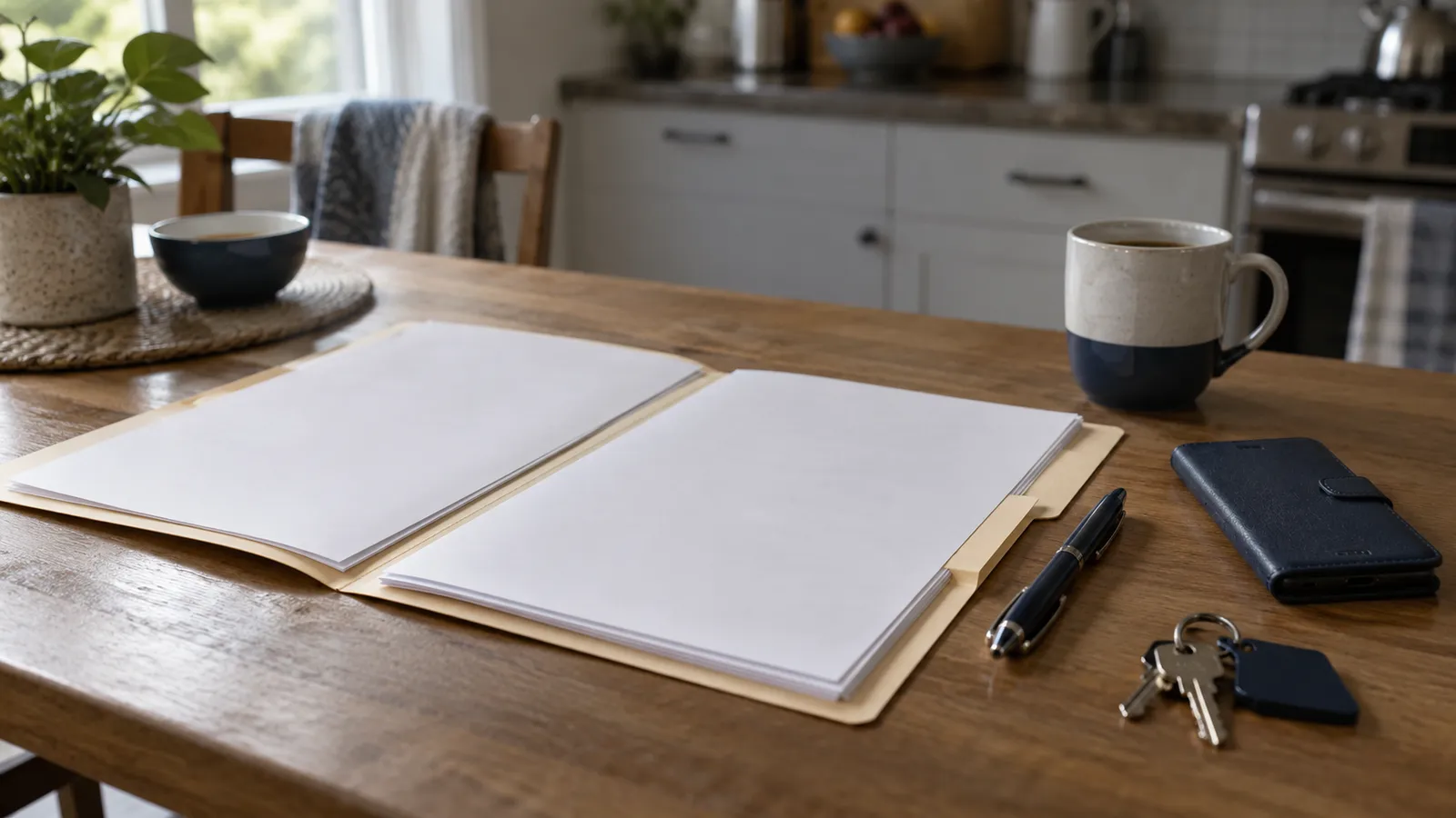 A folder of court paperwork, a pen, house keys and a phone on a kitchen table in morning light