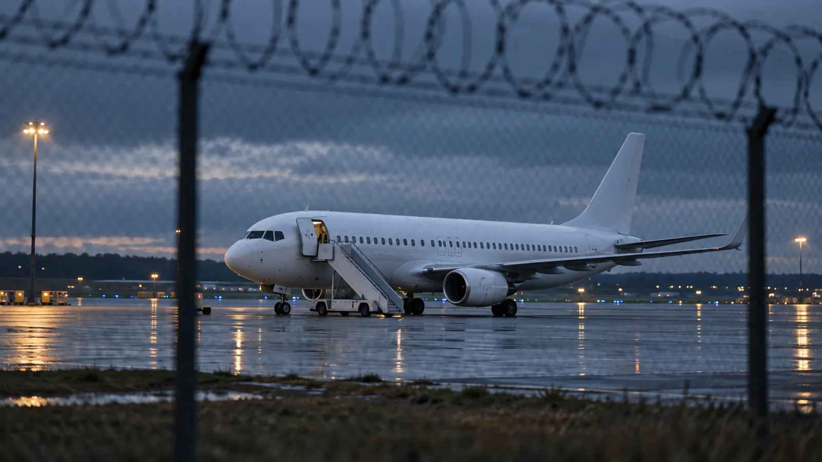 An unmarked passenger jet with a boarding staircase on an airport apron at dawn, seen through a security fence