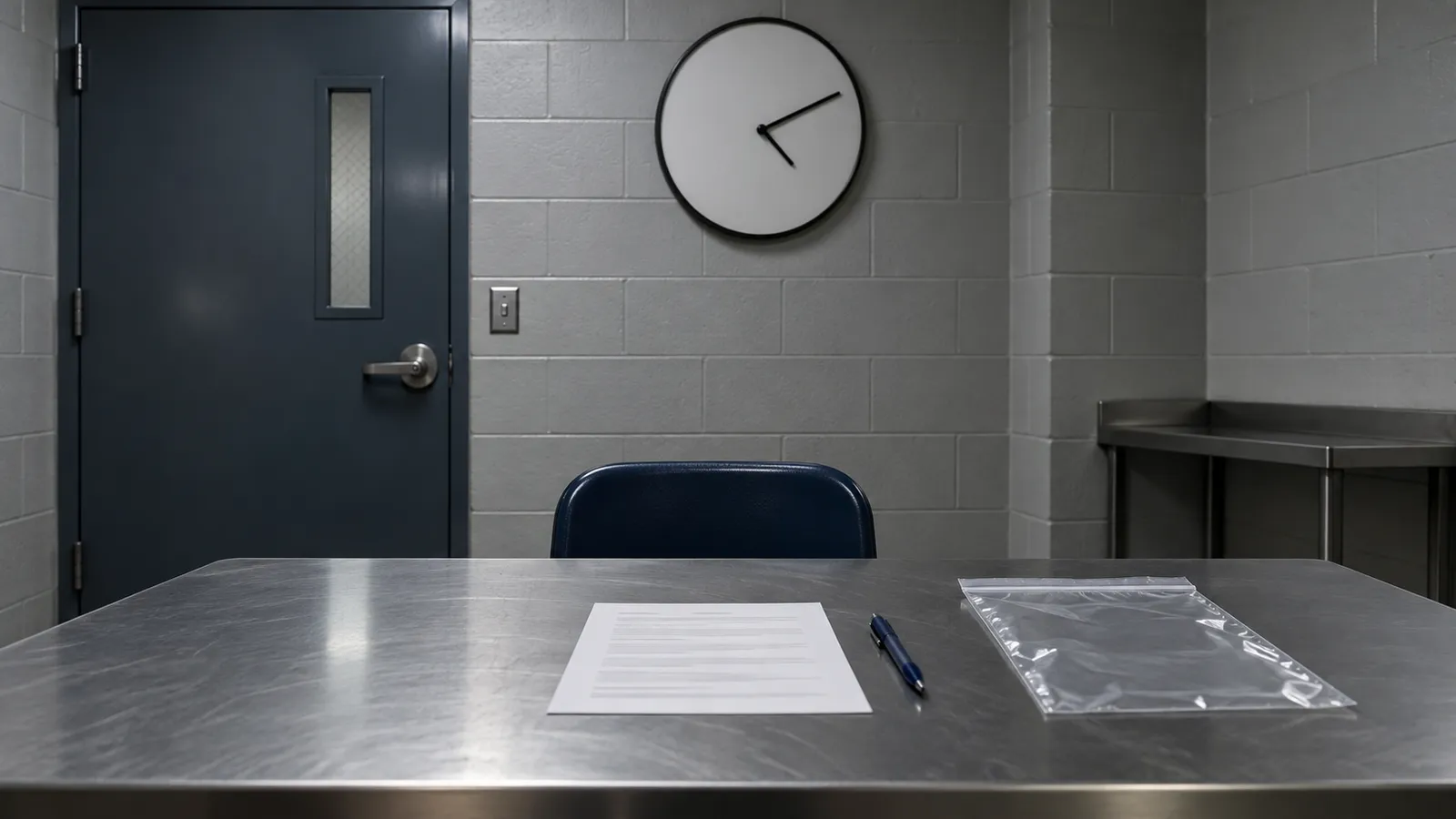 A wall clock above a steel table holding a single sheet of paper and a pen in a plain processing room