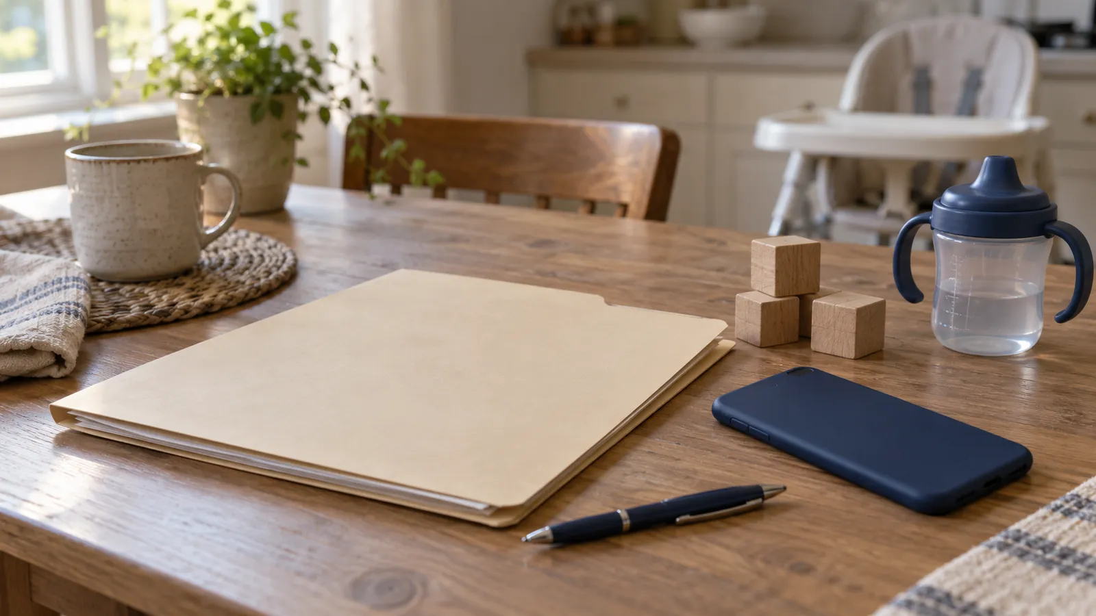 A folder of household documents, a phone and a pen on a kitchen table beside a toddler's cup and wooden blocks