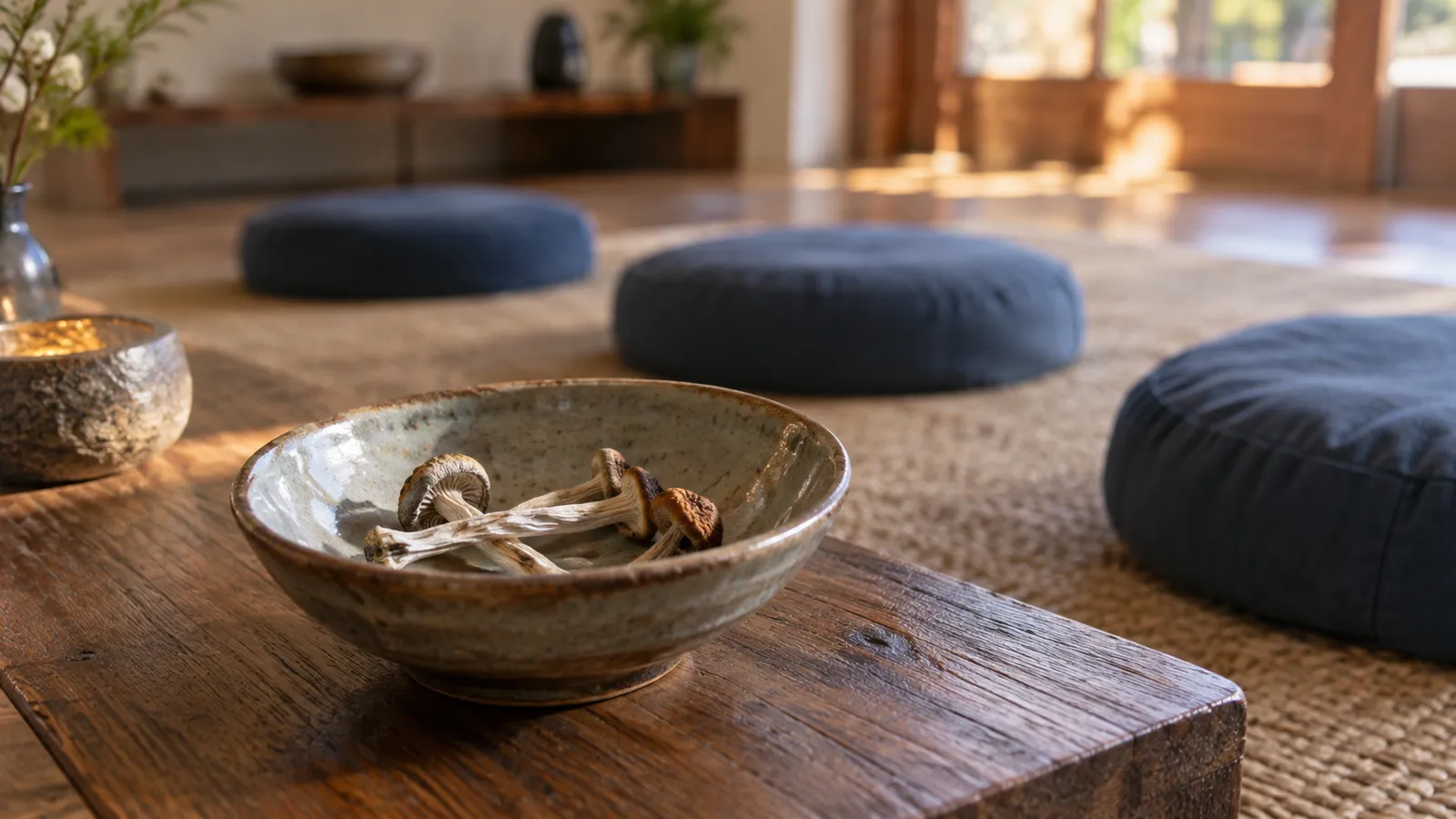 A small bowl of dried mushrooms on a low wooden table with empty meditation cushions behind it.