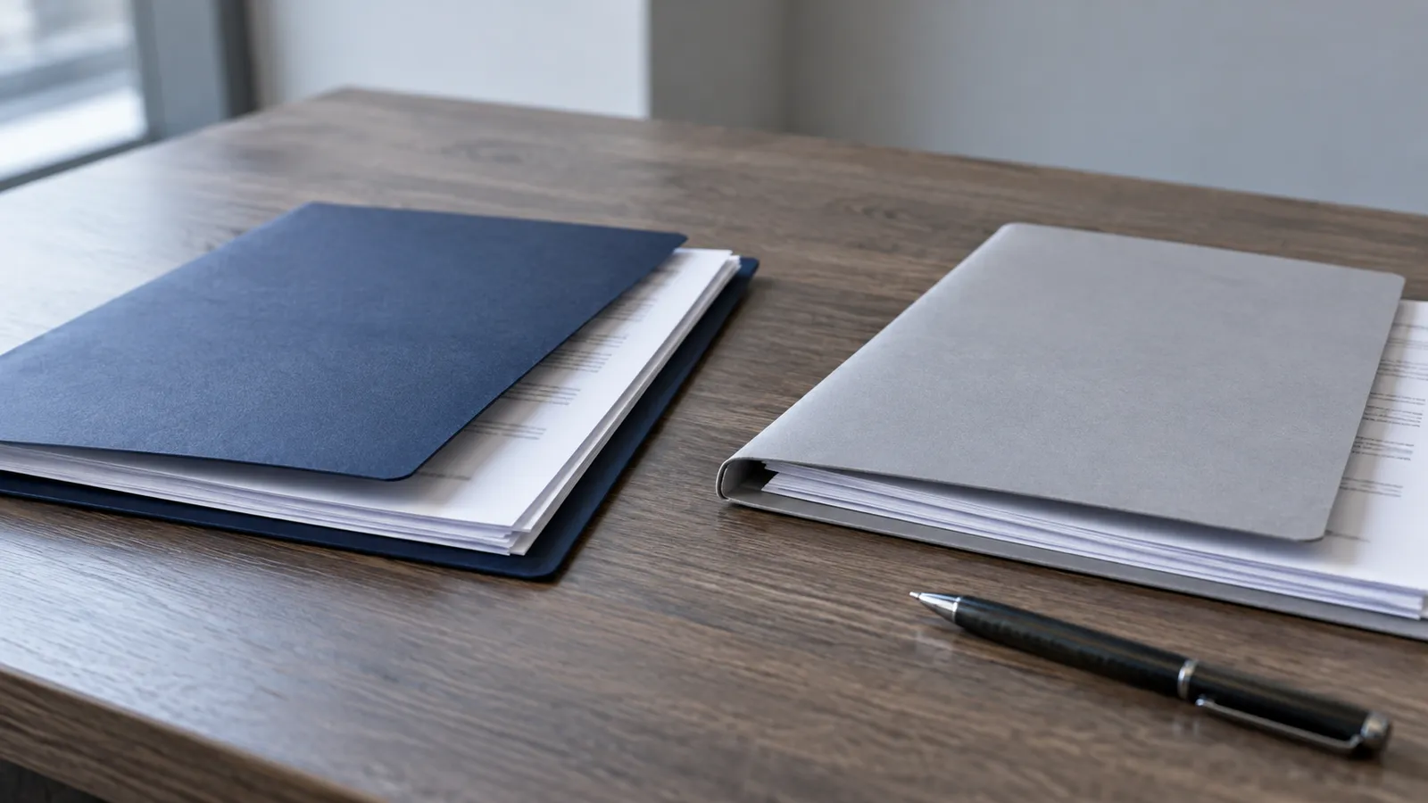 Two separate folders of court paperwork resting apart on a desk, with blurred writing on the pages.