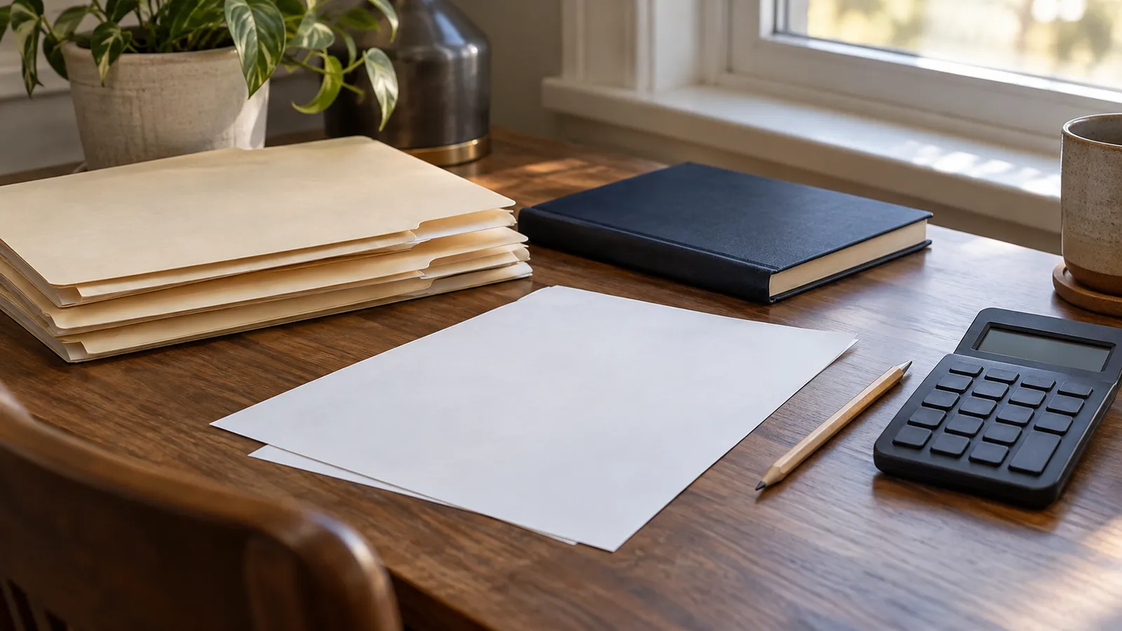 School-record folders, blank papers, a notebook and a calculator on a wooden desk.