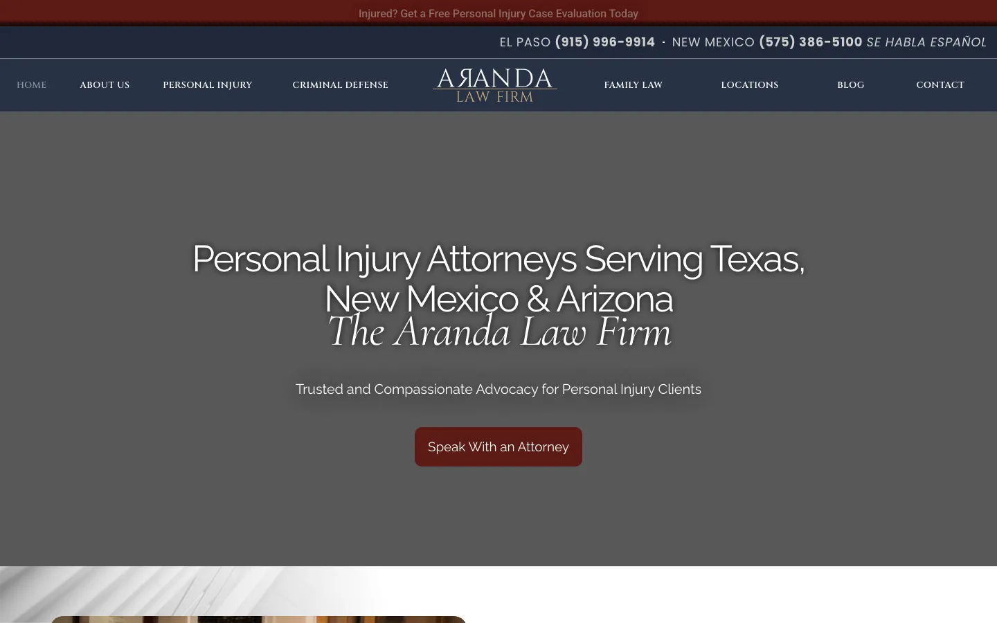 Screenshot of the Aranda Law Firm website