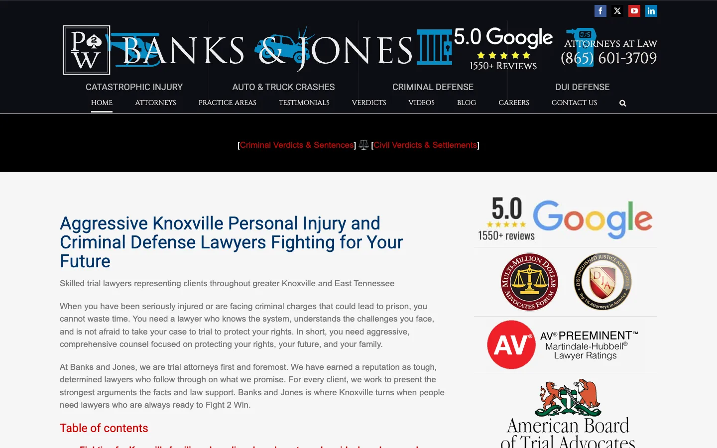 Screenshot of the Banks & Jones, Attorneys at Law website