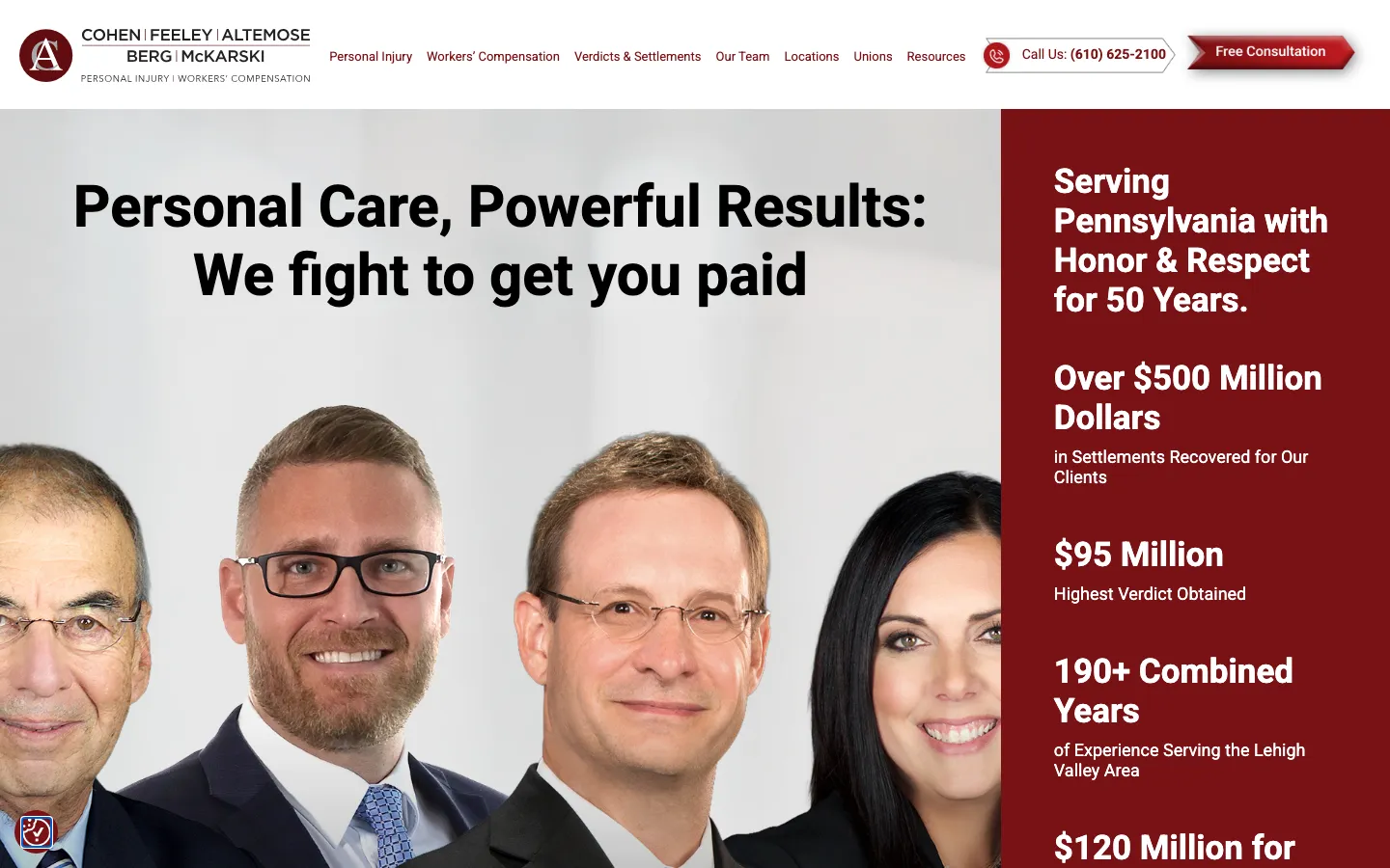 Screenshot of the Cohen, Feeley, Altemose, Berg & McKarski website