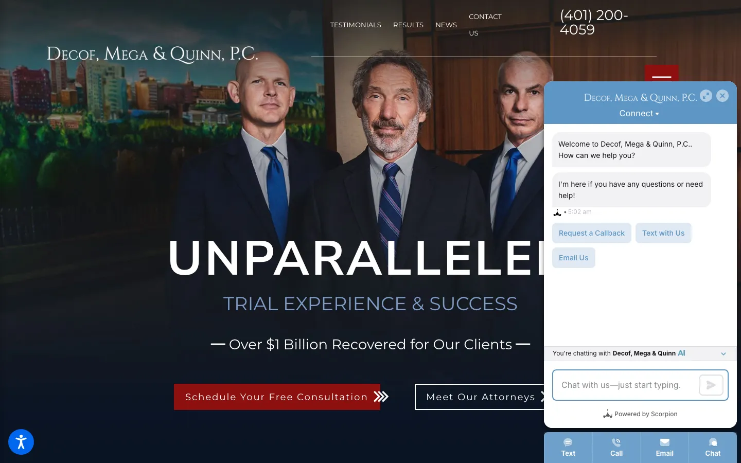 Screenshot of the Decof, Mega & Quinn, P.C. website