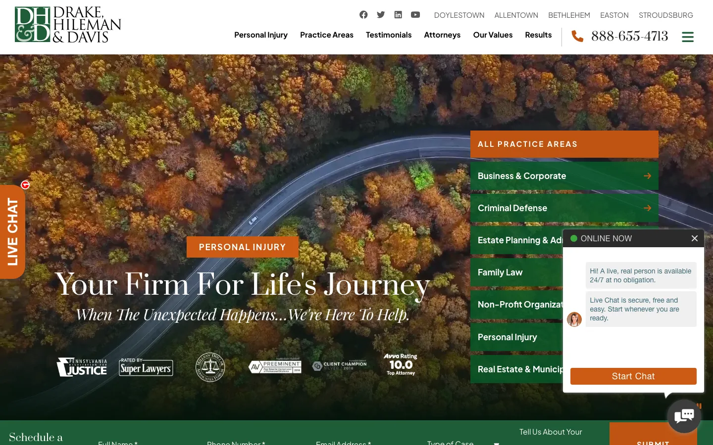 Screenshot of the Drake, Hileman & Davis, PC website