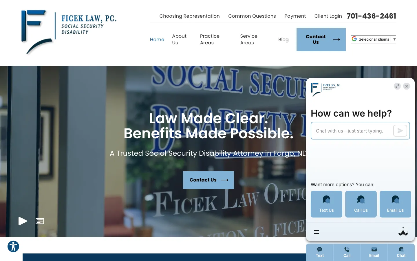 Screenshot of the Ficek Law website