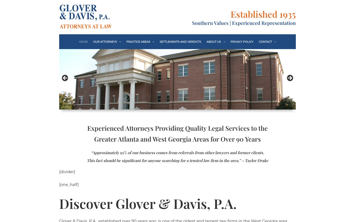 Screenshot of the Glover & Davis, P.A. website