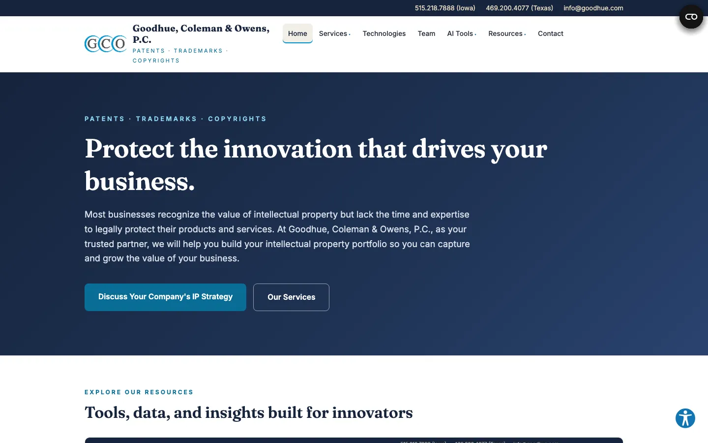 Screenshot of the Goodhue, Coleman & Owens, P.C. website