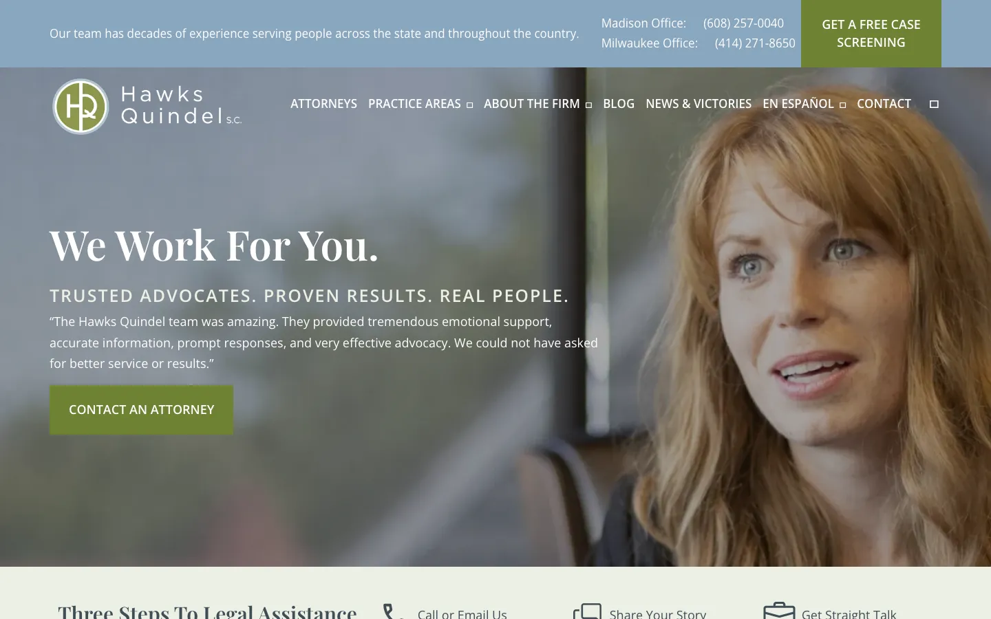 Screenshot of the Hawks Quindel, S.C. website