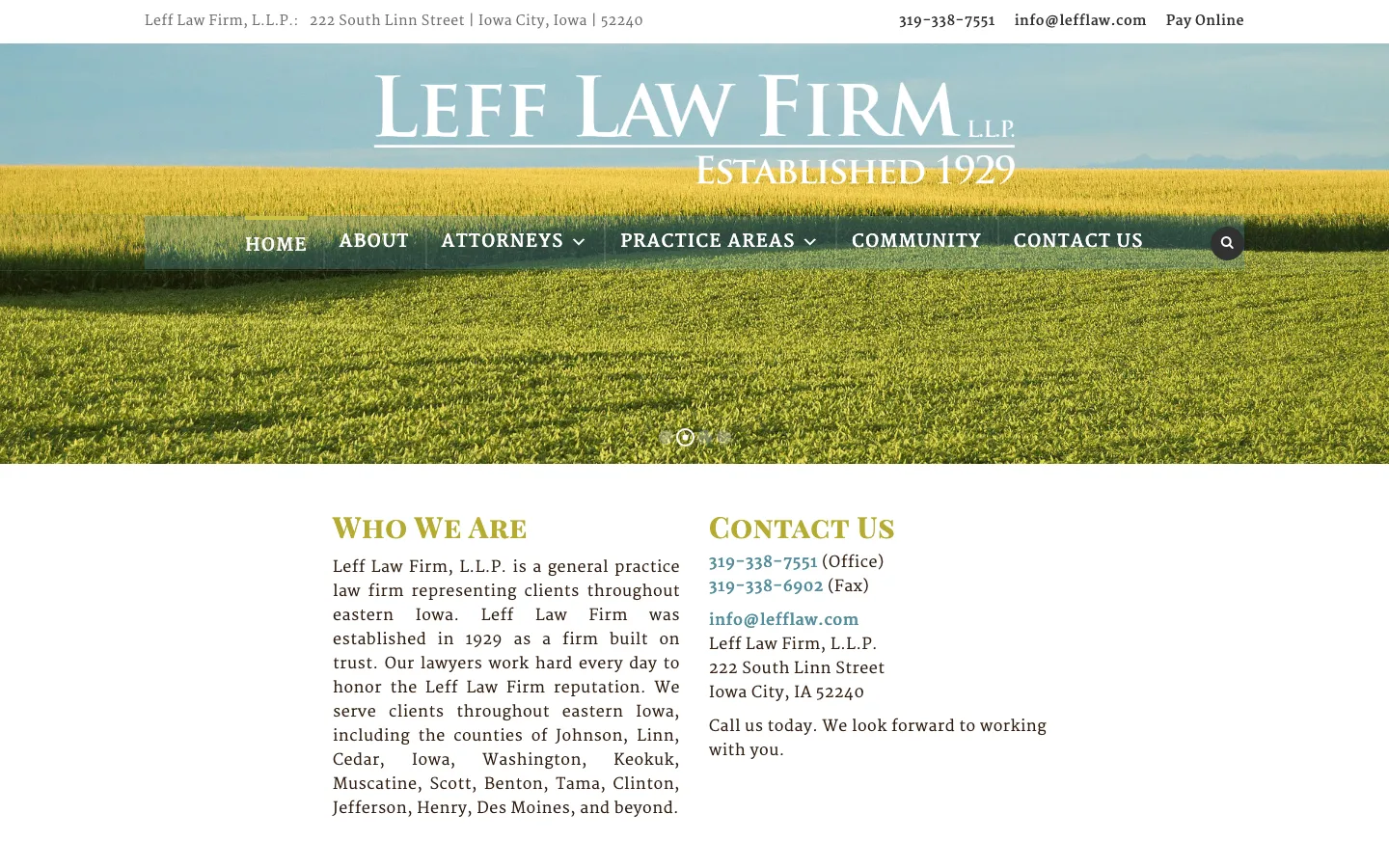 Screenshot of the Leff Law Firm, L.L.P. website