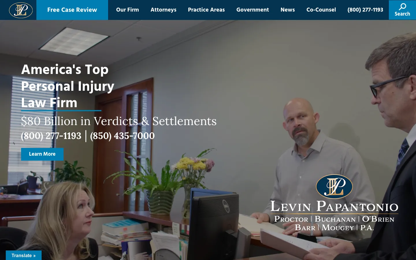 Screenshot of the Levin, Papantonio, Rafferty, Proctor, Buchanan, O'Brien, Barr & Mougey, P.A. website