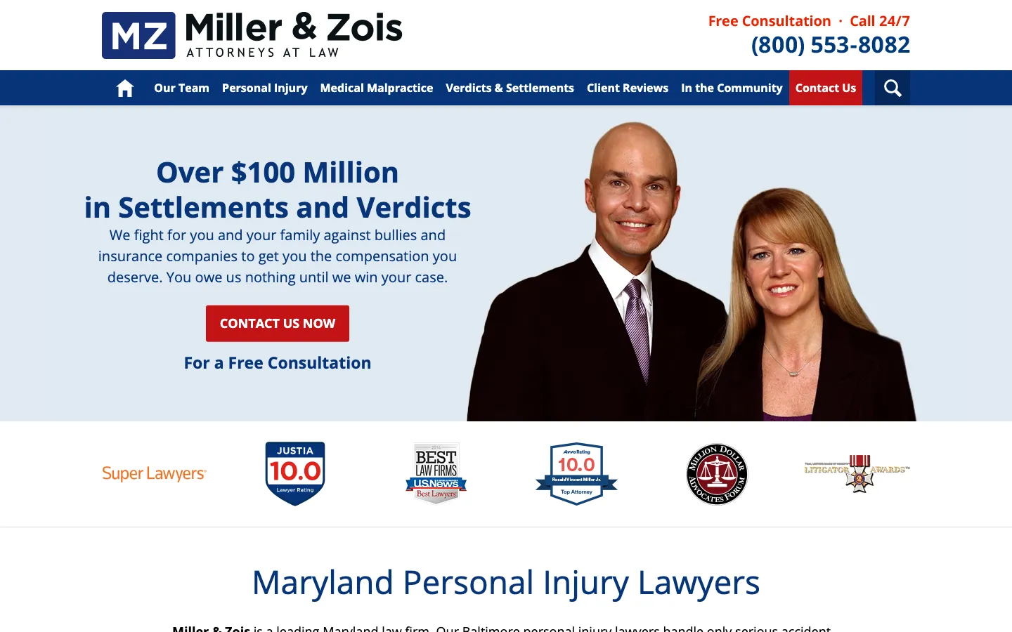 Screenshot of the Miller & Zois, LLC website