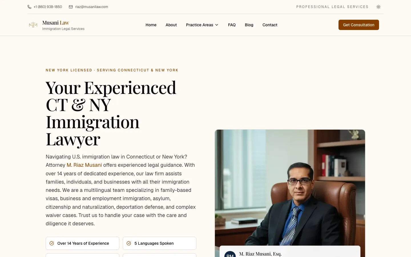 Screenshot of the Law Offices of M. Riaz Musani, LLC website