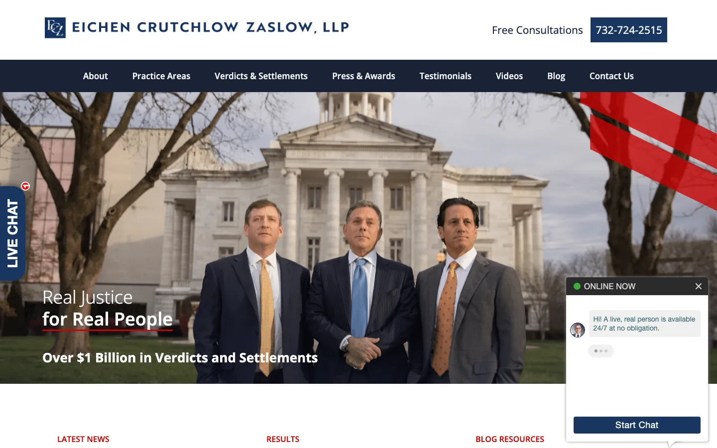 Screenshot of the Eichen Crutchlow Zaslow, LLP website