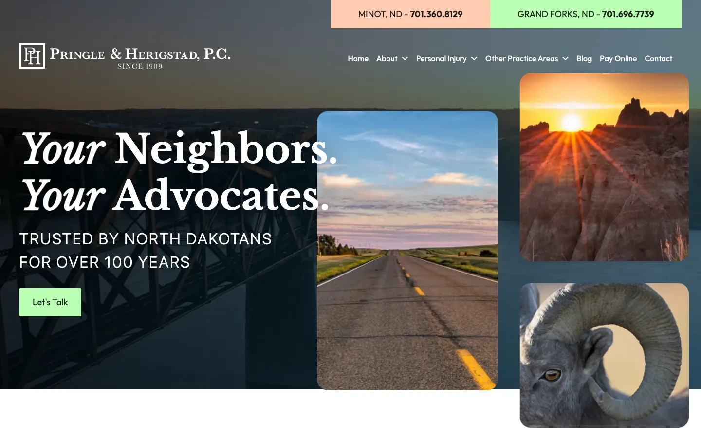 Screenshot of the Pringle & Herigstad, P.C. website
