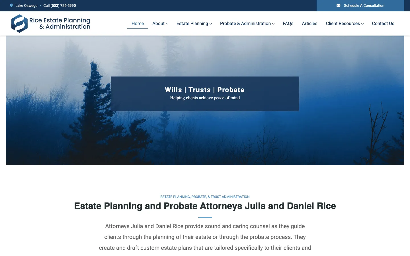 Screenshot of the Rice Estate Planning & Administration website