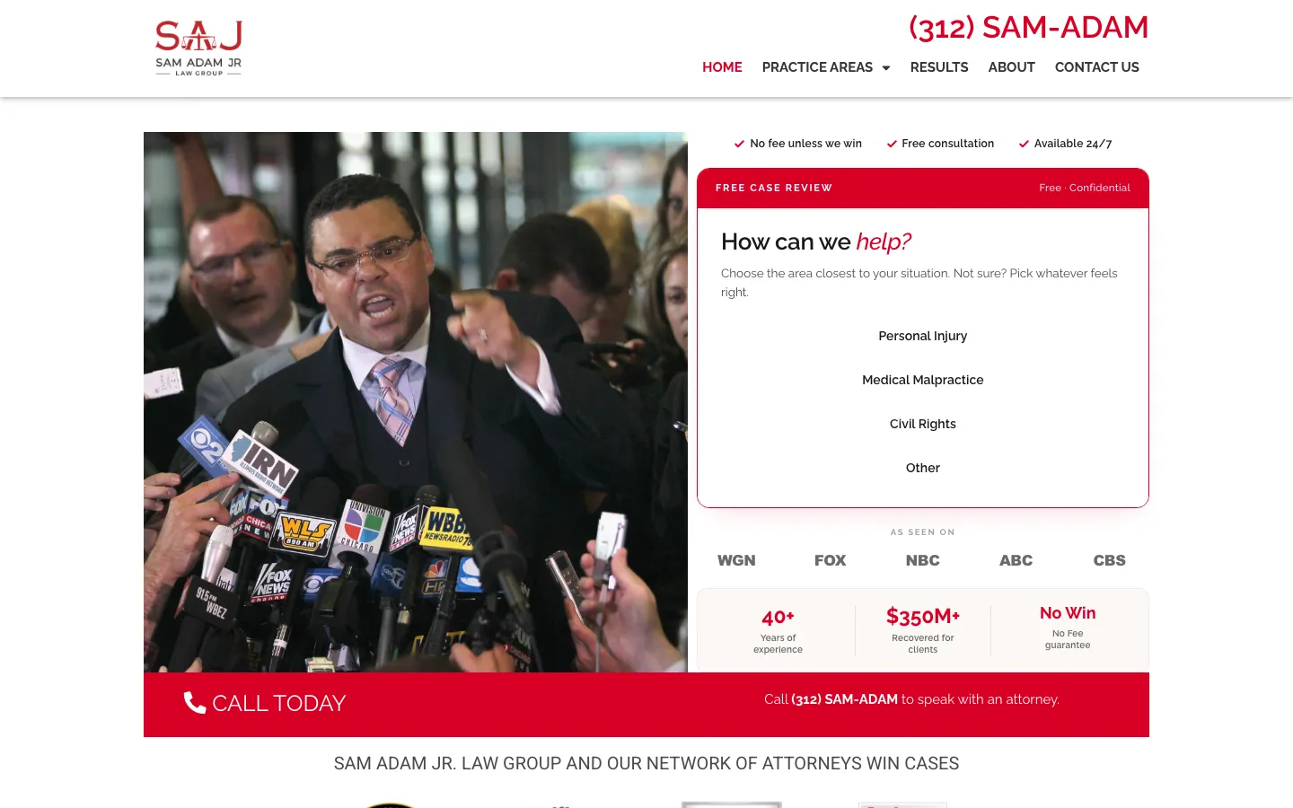 Screenshot of the Sam Adam Jr. Law Group website