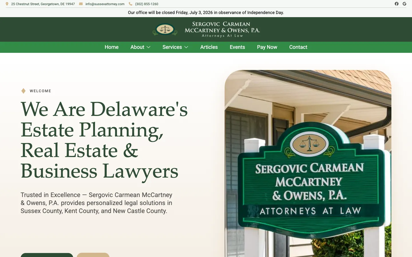 Screenshot of the Sergovic Carmean McCartney & Owens, P.A. website